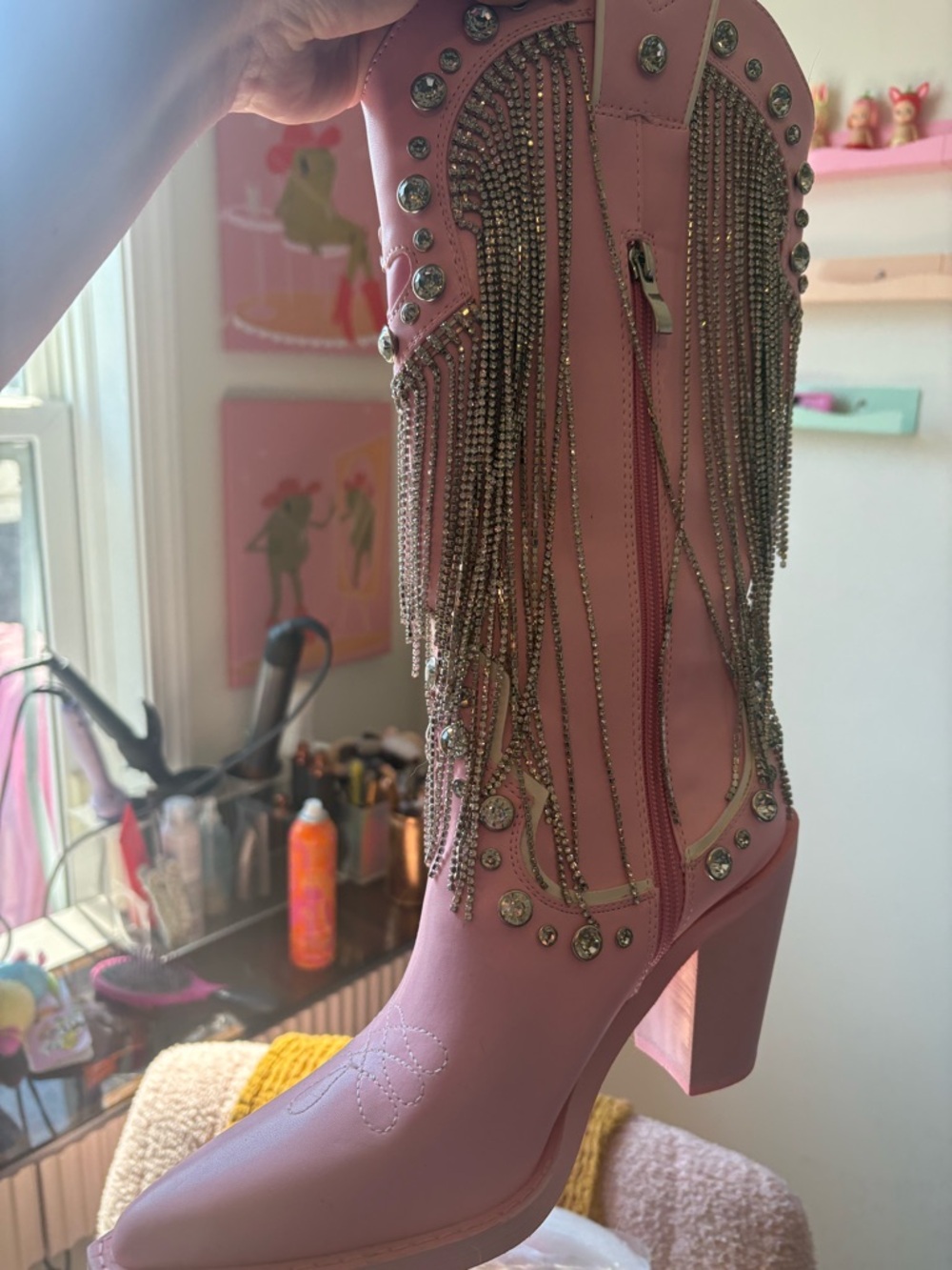 Dolls Kill Pink Rhinestone Fringe Heart Western Boots - Picture 2 of 2